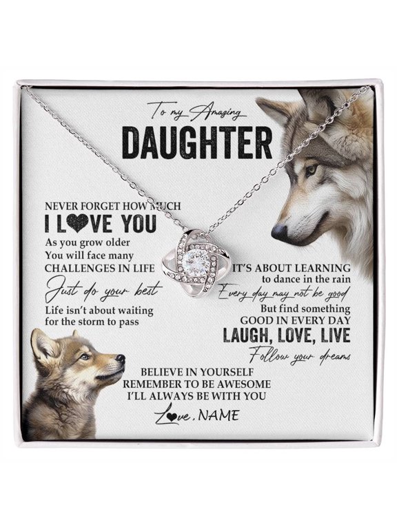 To My Daughter Necklace From Mom And Dad Wolf Message, Gold Love Knot Necklace