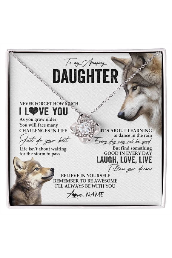 To My Daughter Necklace From Mom And Dad Wolf Message, Gold Love Knot Necklace