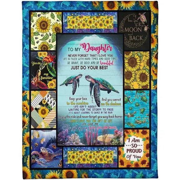 To My Daughter Turtle Sunflower Be Brave Bold And Beautiful Just Do Your Best Fleece Blanket Home Decor Bedding Couch, 60x80in Fleece Blanket