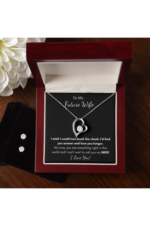 To My Future Wife Forever Love Necklace and Earring Set Romantic Fiancée, Gold Forever Love Necklace
