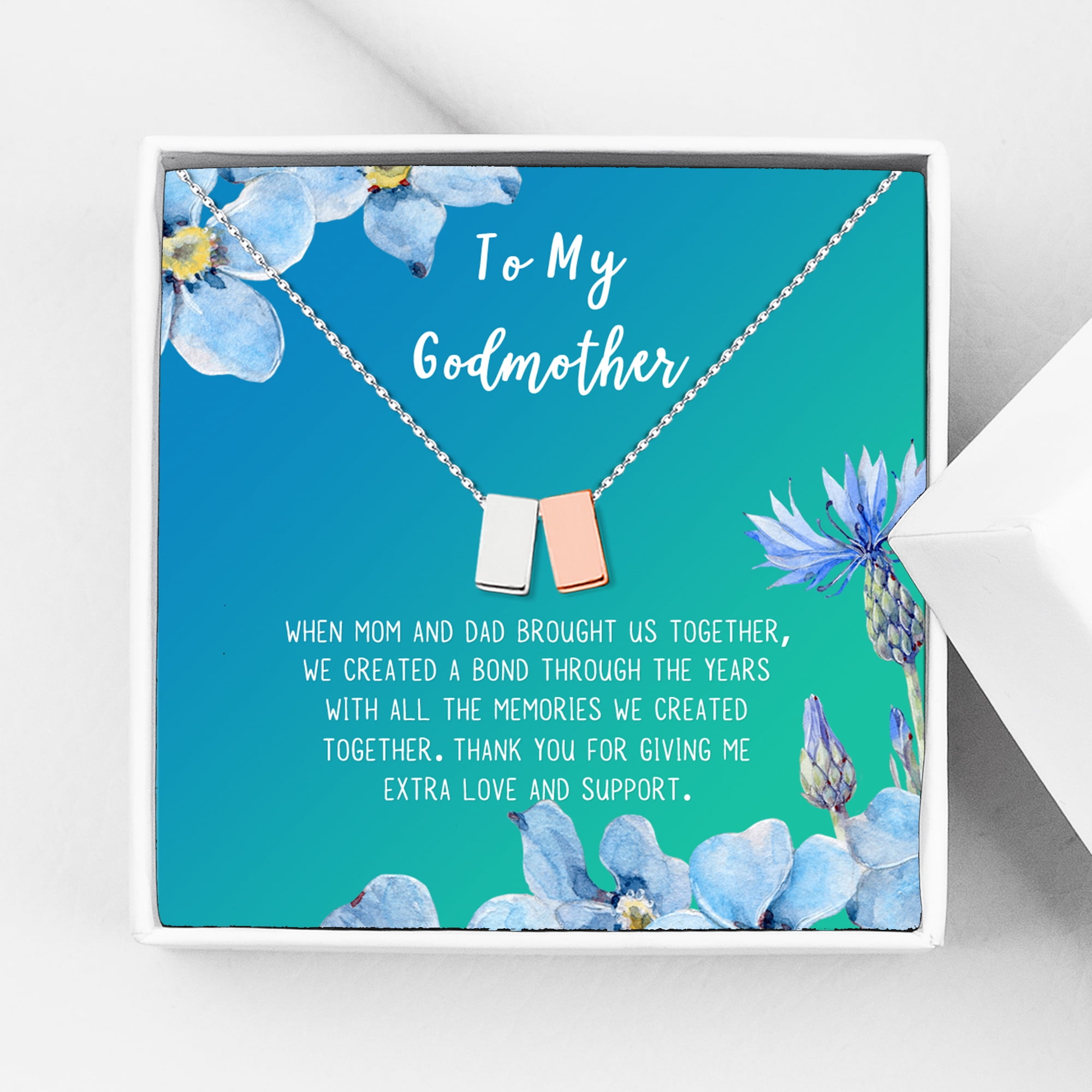 To My God Mother Mother's Day Gift, Gift for Her, Godmother's Day Gift, Godmother's Gift for Mother's Day, Godmother's Day Necklace and Card[Silver and Rose Gold Cube,Blue-Green Gradient]
