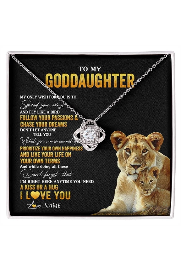 To My Goddaughter Necklace From Godmother Lion Wish, Gold Love Knot Necklace