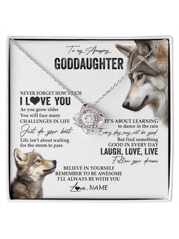 To My Goddaughter Necklace From Godmother Wolf Message, White Love Knot Necklace
