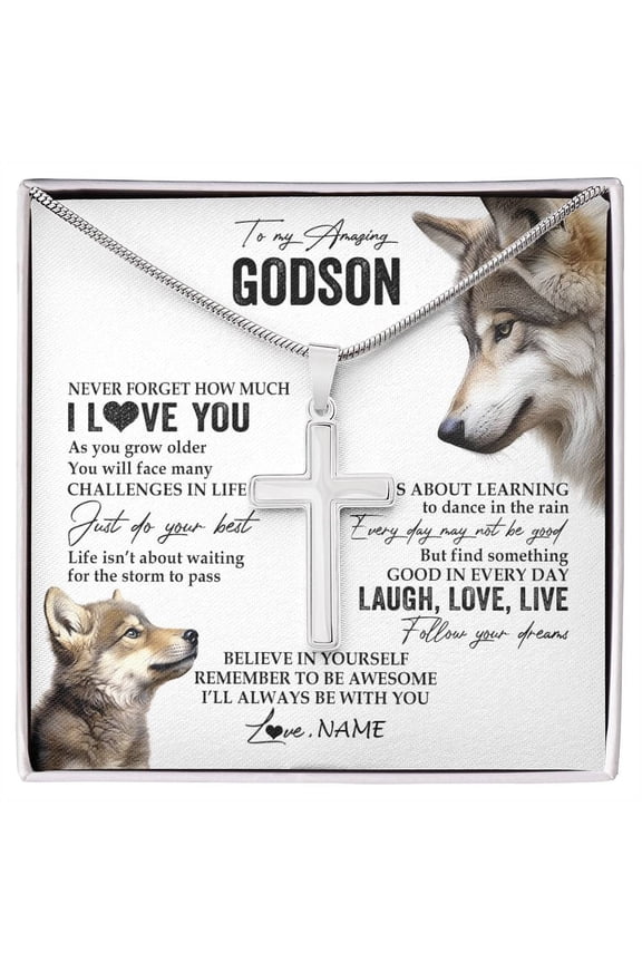 To My Godson From Godmother Just Do You Best Laugh Love Live Wolf Godchild Birthday Graduation Box Message Card, Multi Cross Necklace