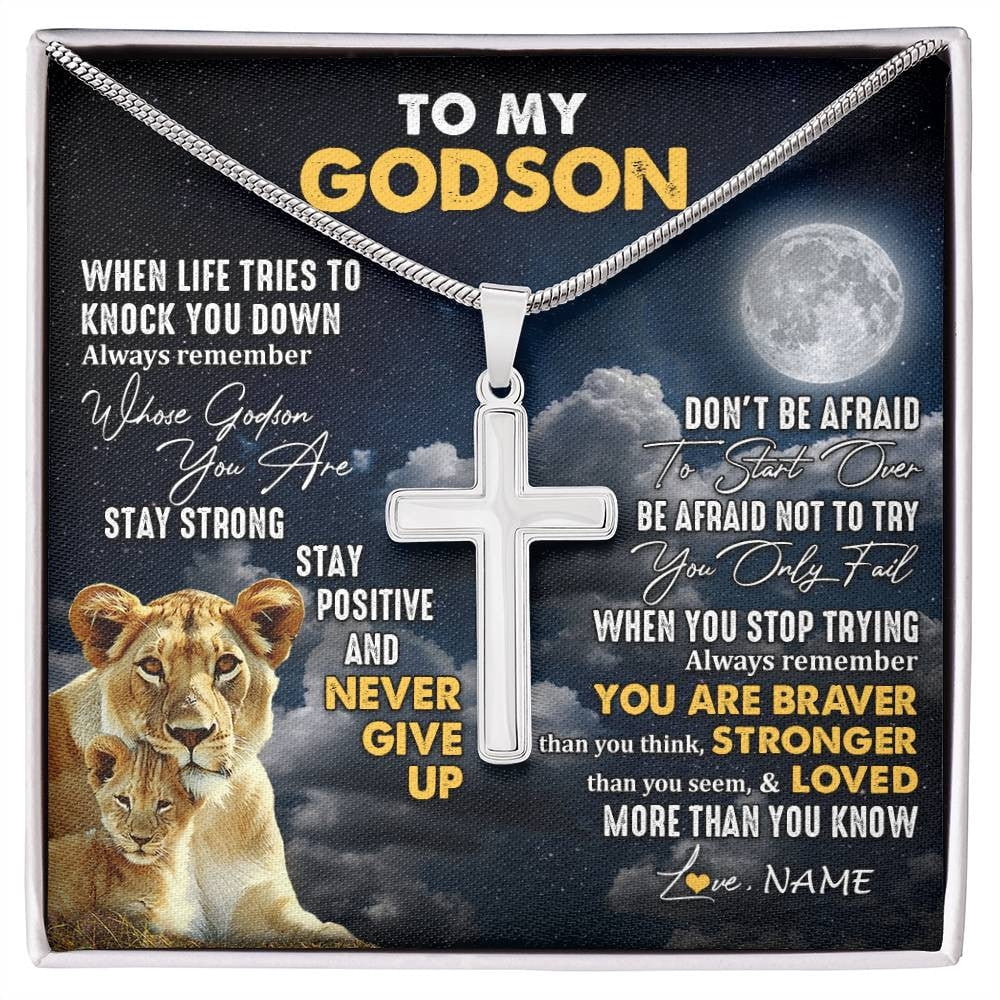 To My Godson From Godmother Lion Never Give Up Godchild Birthday Graduation Jewelry Box Message Card, Multi Cross Necklace