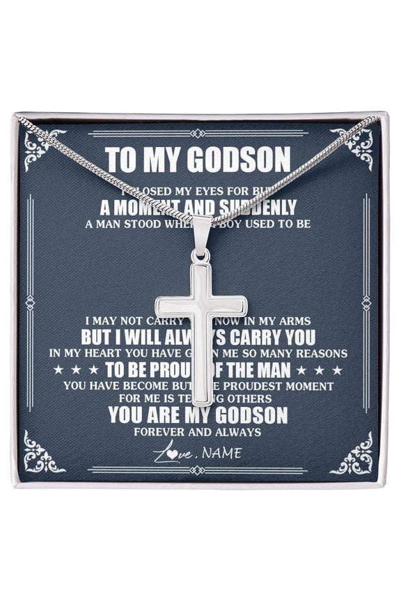 To My Godson From Godmother Uncle Aunt I Close My Eyes Godson Birthday Graduation Box Message Card, Multi Cross Necklace