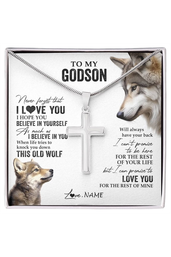 To My Godson From Godmother Uncle Aunt This Old Wolf Love You Godchild Birthday Graduation Box Message Card, Multi Cross Necklace