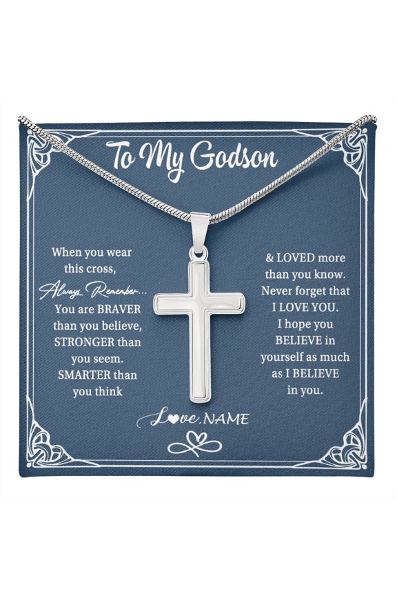 To My Godson From Godmother Uncle Aunt When Your Wear This Always Remember Godson Birthday Box Message Card, Multi Cross Necklace