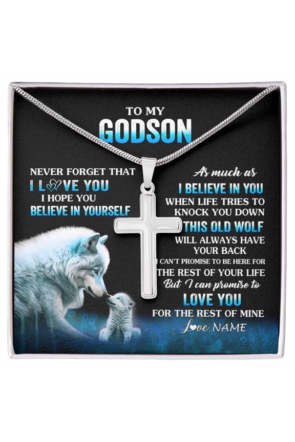 To My Godson From Godmother Uncle This Old Wolf Love Godson Birthday Graduation Box Message Card, Multi Cross Necklace