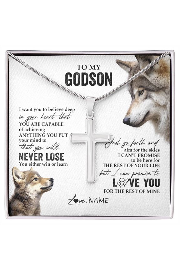 To My Godson From You Will Never Lose Wolf Godchild Birthday Graduation Box Message Card, Multi Cross Necklace