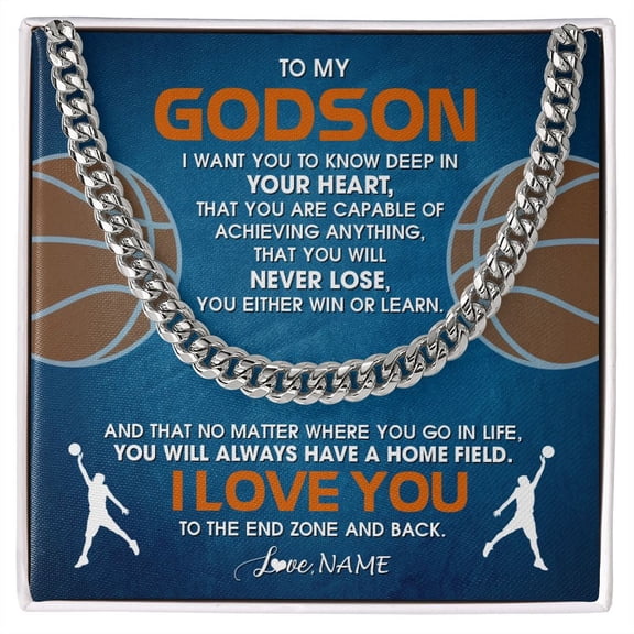 To My Godson Necklace Never Lose Basketball, Gold Cuban Link Necklace