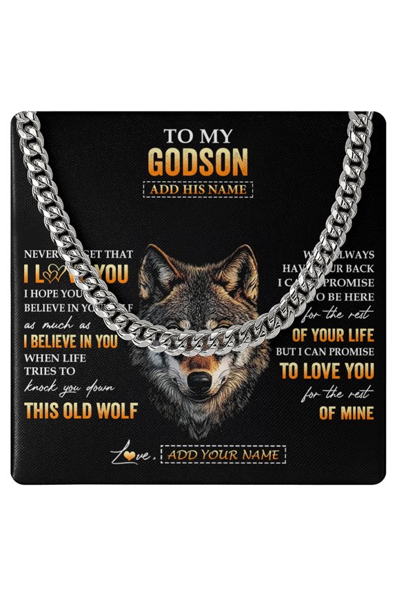 To My Godson Necklace Old Wolf Love, White Cuban Link Necklace