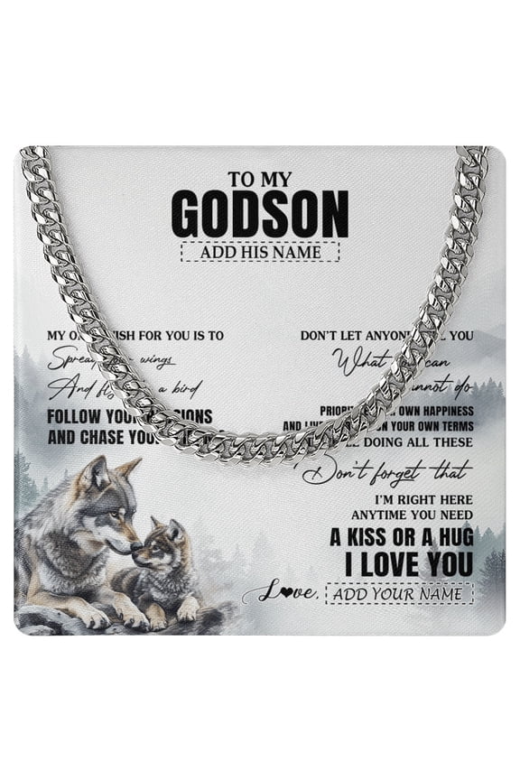 To My Godson Necklace Wolf My Only Wish, White Cuban Link Necklace