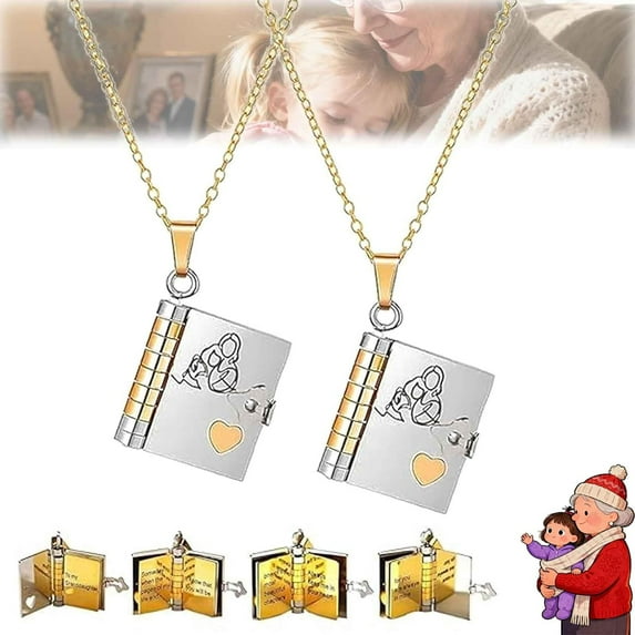 To My Granddaughter Book Necklace with 6 Pages of Engraved Information, Openable Multi Layer