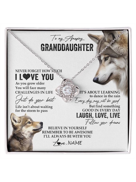 To My Granddaughter Necklace From Grandma Wolf Message, Gold Love Knot Necklace