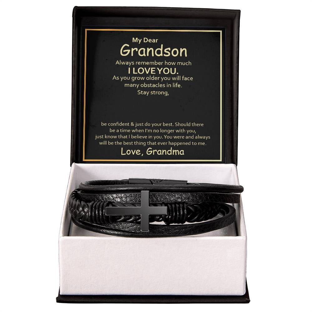 To My Grandson Always Remember How Much I Love You Men's Cross Bracelet - Vegan Leather with Stainless Steel