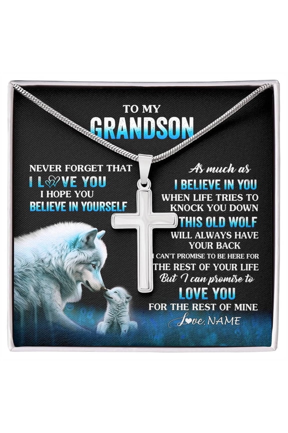 To My Grandson From Grandma Grandpa This Old Wolf Love Grandson Birthday Graduation Box Message Card, Multi Cross Necklace
