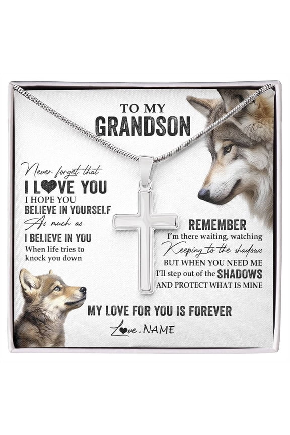 To My Grandson From Grandma Papa Wolf My Love For You Is Forever Grandson Birthday Graduation Box Message Card, Multi Cross Necklace