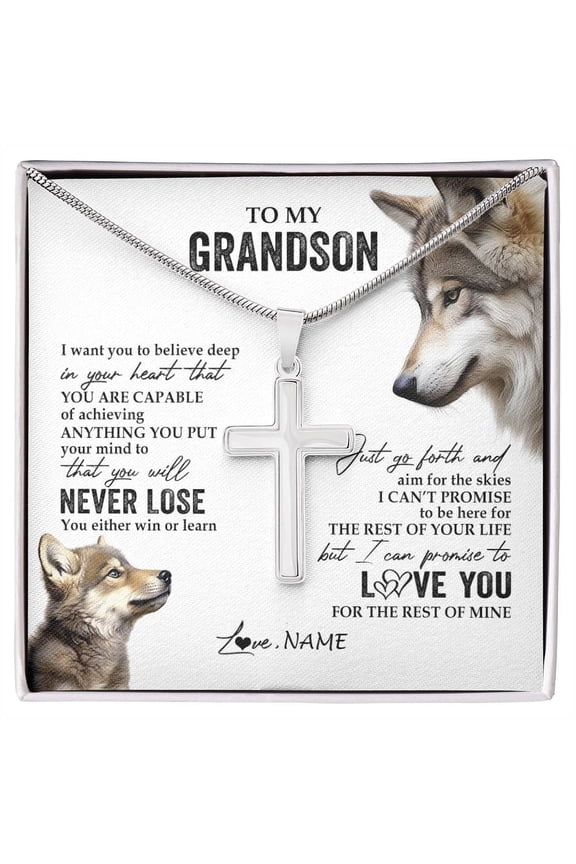 To My Grandson From Grandma Papa You Will Never Lose Wolf Grandson Birthday Graduation Box Message Card, Multi Cross Necklace