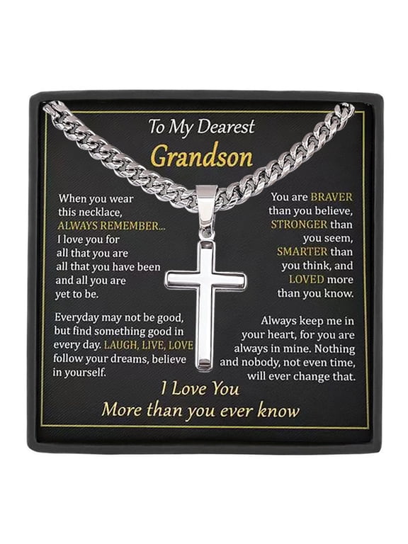 To My Grandson Inspirational Gifts - Stainless Steel Silver Cross Necklace with Gift Box and Message Card