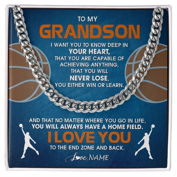 To My Grandson Necklace Never Lose Basketball, White Cuban Link Necklace