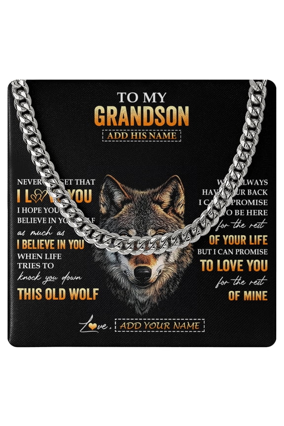 To My Grandson Necklace Old Wolf Love, Gold Cuban Link Necklace