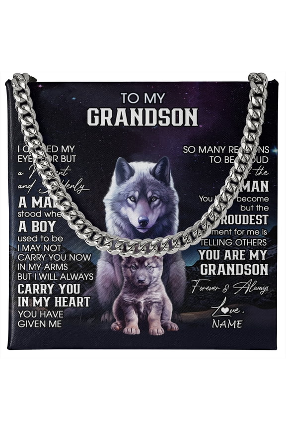 To My Grandson Necklace Wolf I Closed My Eyes, White Cuban Link Necklace