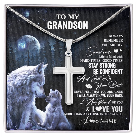 To My Grandson Wolf From Grandma Papa Always Remember Grandson Birthday Graduation Box Message Card, Multi Cross Necklace