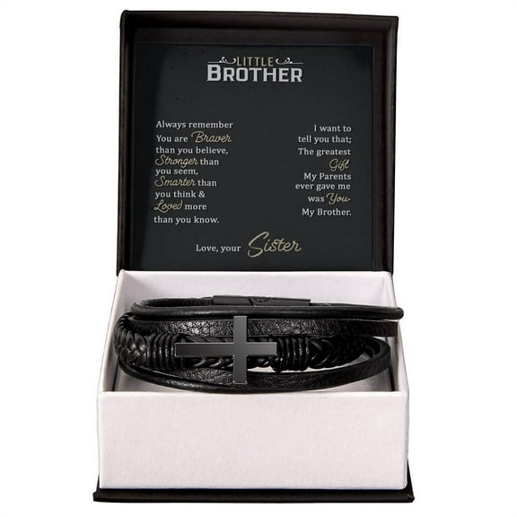 To My Little Brother Love Your Lord With All Your Strength Men's Cross Bracelet - Vegan Leather with Stainless Steel