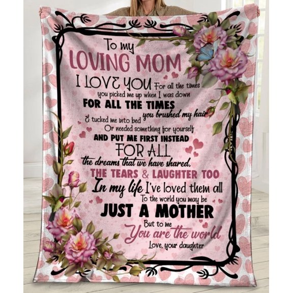 To My Loving Mom, To Me You Are The World, Floral Heart Pattern Fleece Blanket Home Decor Gift From Daughter, 60x80in Fleece Blanket