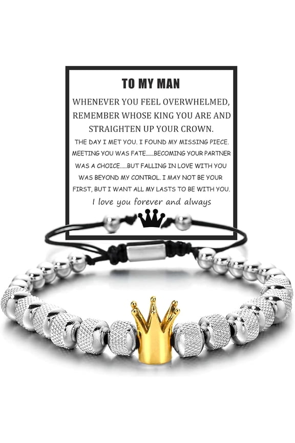 To My Man Bracelet, Straighten Your Crown Bracelet,Adjustable Stainless steel Crown Bead Bracelets for Men Boys Christmas Gifts Jewelry