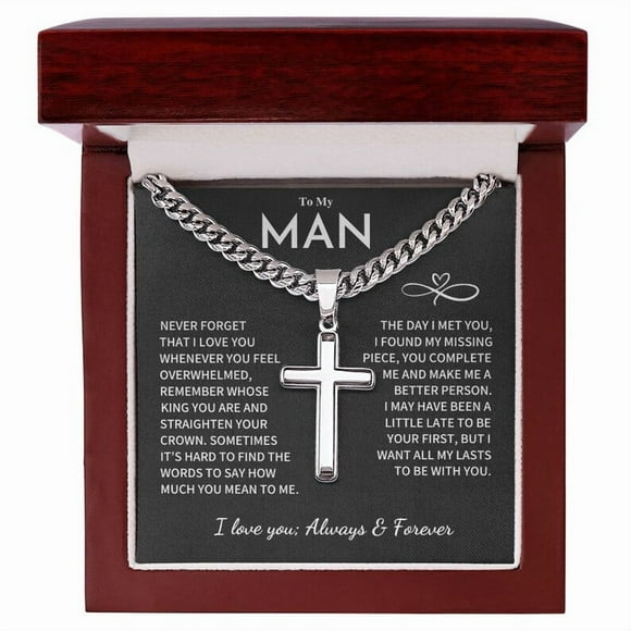 To My Man Cuban Chain with Artisan Cross Necklace, Anniversary Gift For Husband, Romantic Birthday Gift for Boyfriend, Cross Necklace for Men