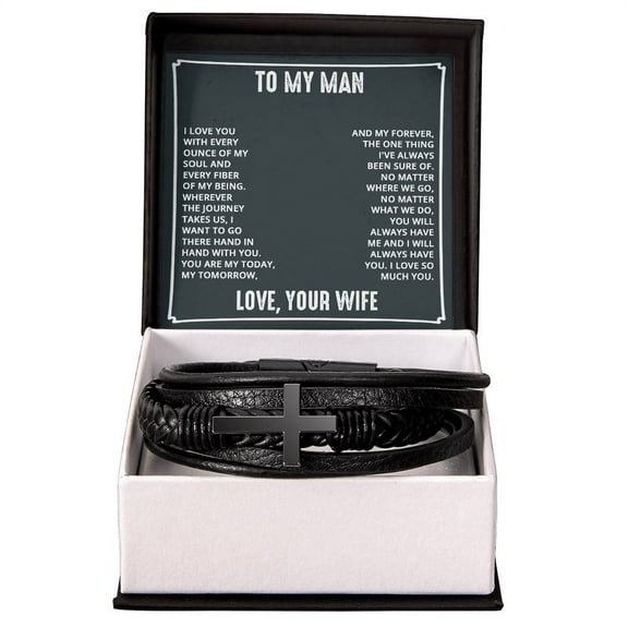 To My Man I Love You With Every Ounce Men's Cross Bracelet - Vegan Leather with Stainless Steel