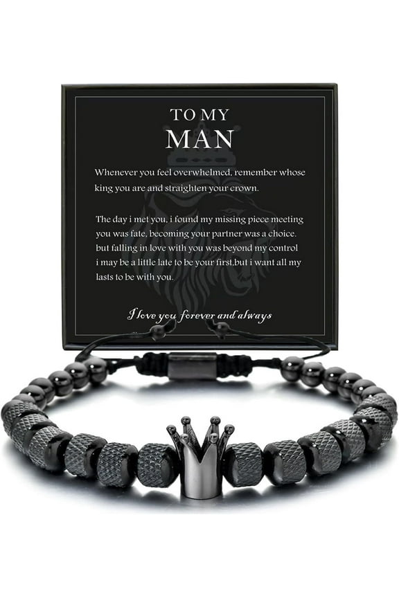 To My Man, Straighten Your Crown Bracelet, Adjustable Mens Bracelet for Husband Dad Boyfriend, Stainless Steel Crown Bead Braided Bracelets, Gifts for Men Gifts from Wife Daughter