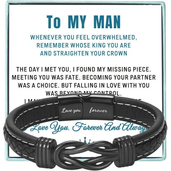To My Man Straighten Your Crown Bracelet for Husband Boyfriend Mens Braided Leather Bracelets Valentine Birthday Christmas Gifts for Him