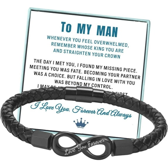 To My Man Straighten Your Crown Bracelet for Husband Boyfriend Mens Braided Leather Bracelets Valentine Birthday Christmas Gifts for Him