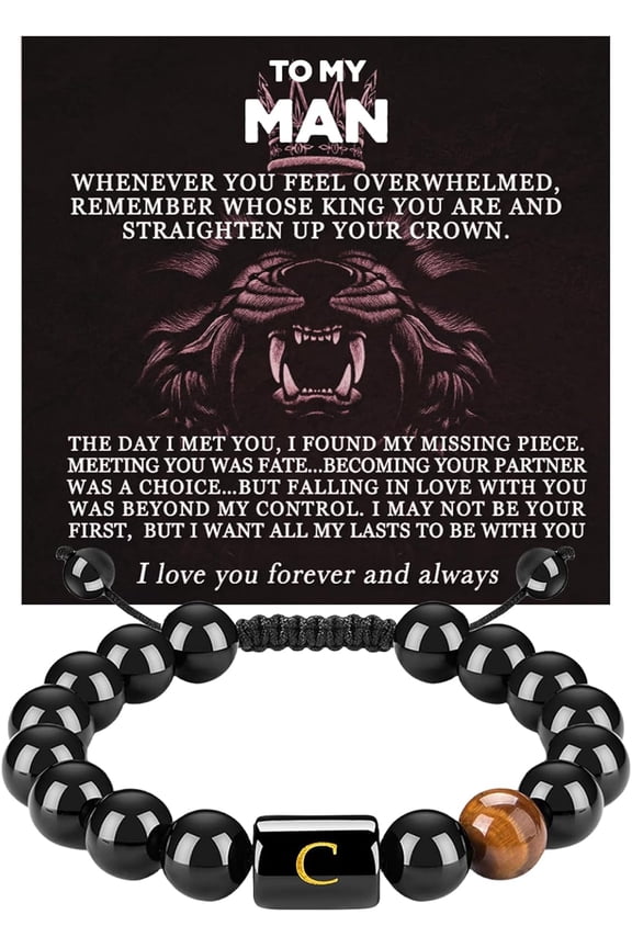 To My Men,Initials Bracelets for Men Letter Link Handmade Natural Black Onyx Tiger Eye Stone Beads Braided Rope Meaningful Bracelet for Boyfriend Husband Birthday Fathers Gifts