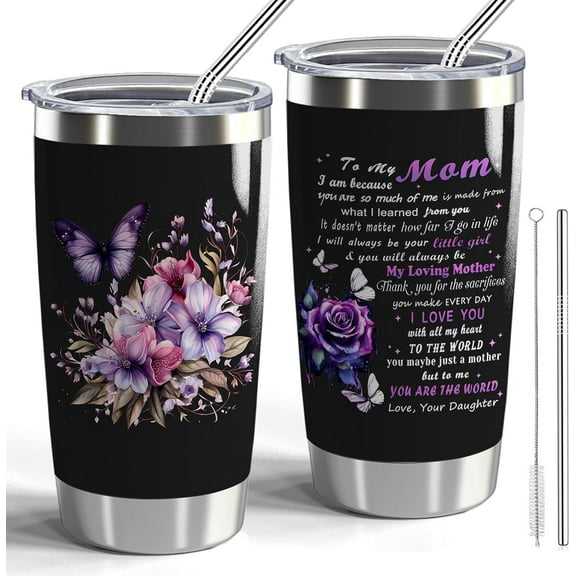 To My Mom 20oz Stainless Steel Double Wall Tumbler With Lid and Straw - Mother''s Day Gift Birthday Travel Cup (Purple Butterfly)