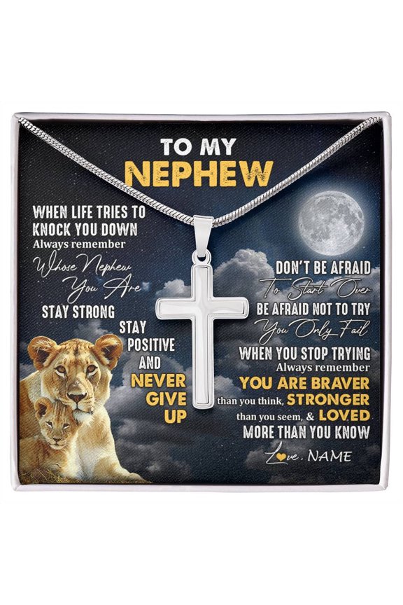 To My Nephew From Aunt Aunty Lion Never Give Up Nephew Birthday Graduation Jewelry Box Message Card, Multi Cross Necklace