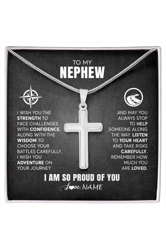 To My Nephew From Aunt Uncle Auntie I Wish You The Strength Nephew Birthday Graduation Inspirational Box Message Card, Multi Cross Necklace