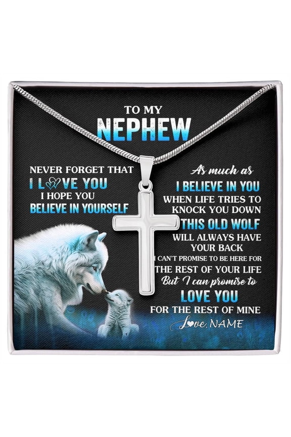 To My Nephew From Aunt Uncle This Old Wolf Love Nephew Birthday Graduation Box Message Card, Multi Cross Necklace