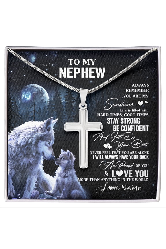 To My Nephew Wolf From Aunt Uncle Auntie Always Remember Nephew Birthday Graduation Box Message Card, Multi Cross Necklace