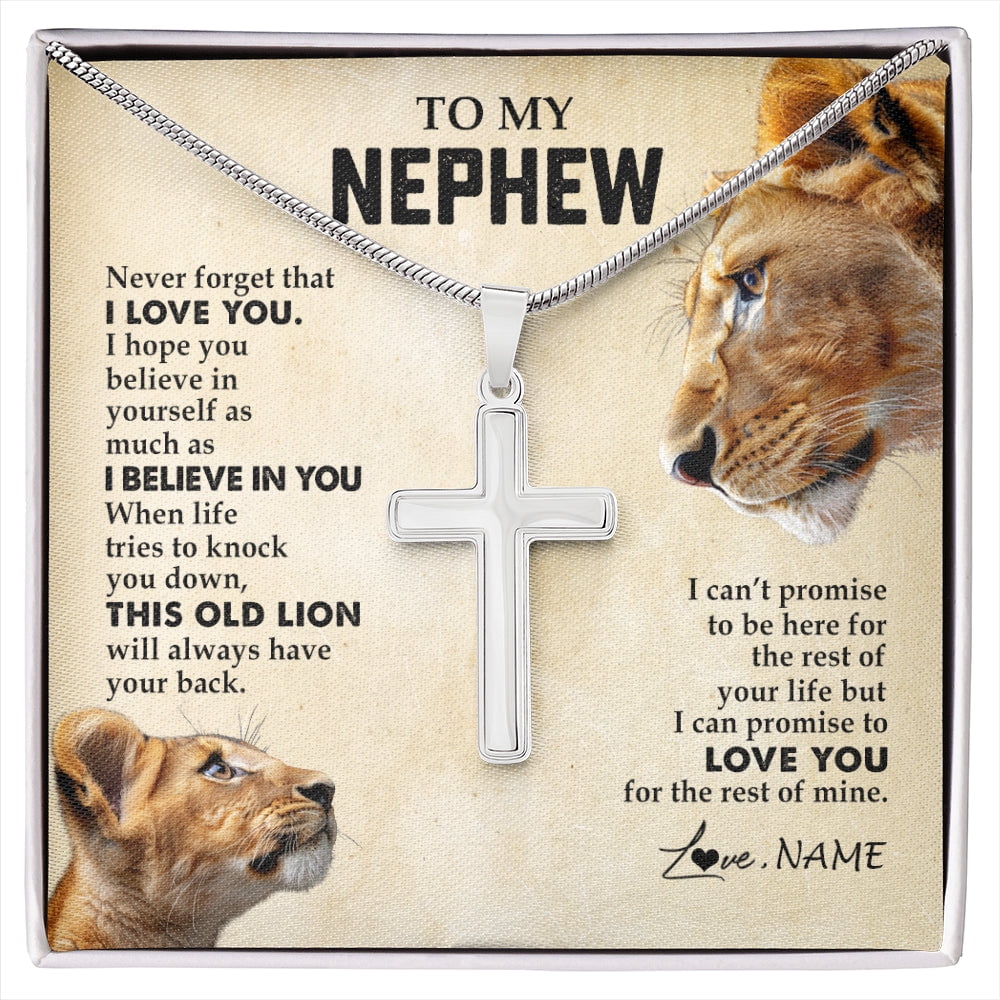 To My Nephew from Aunt Auntie Never Forget I Love You Lion Nephew Birthday Graduation Jewelry Box Message Card, Multi Cross Necklace