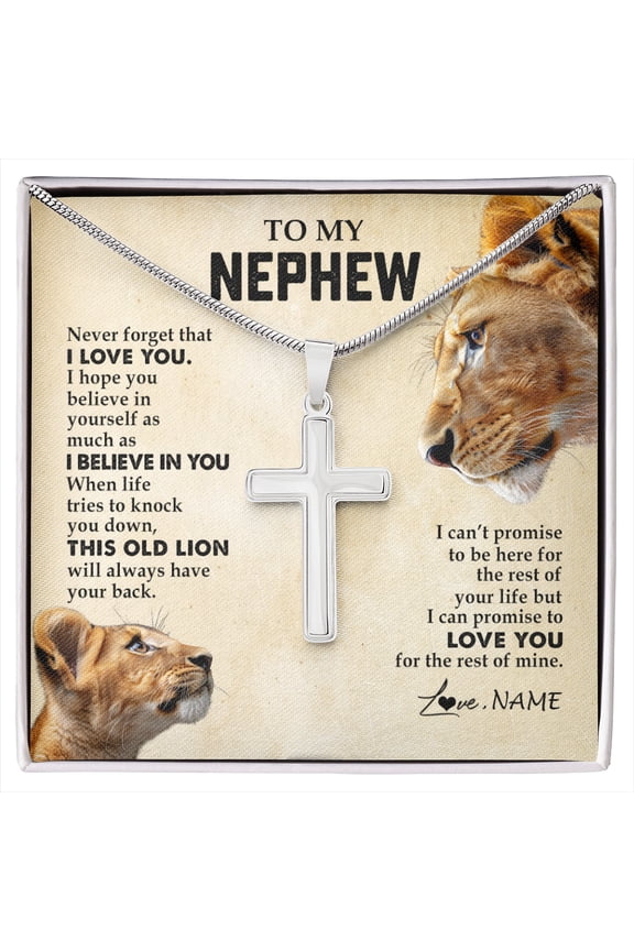 To My Nephew from Aunt Auntie Never Forget I Love You Lion Nephew Birthday Graduation Jewelry Box Message Card, Multi Cross Necklace