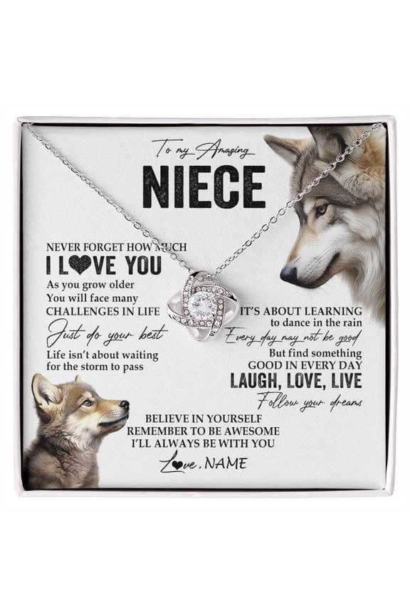 To My Niece Necklace From Aunt And Uncle Wolf Message, White Love Knot Necklace