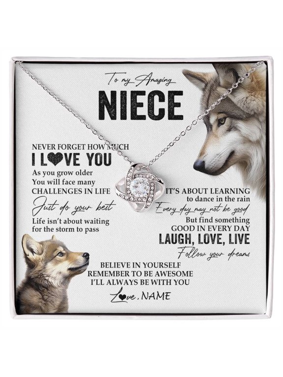 To My Niece Necklace From Aunt And Uncle Wolf Message, White Love Knot Necklace