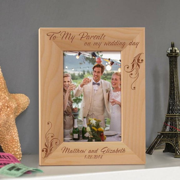 To My Parents on my Wedding Day Personalized Wooden Picture Frame 4" x 6" Brown (Vertical)