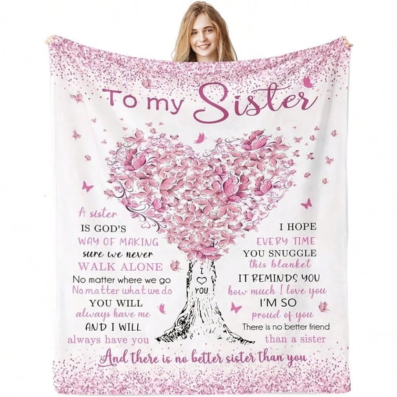 To My Sister Blanket Pink Butterfly Heart Tree Fleece Blanket for Sister Birthday Gifts from Sister