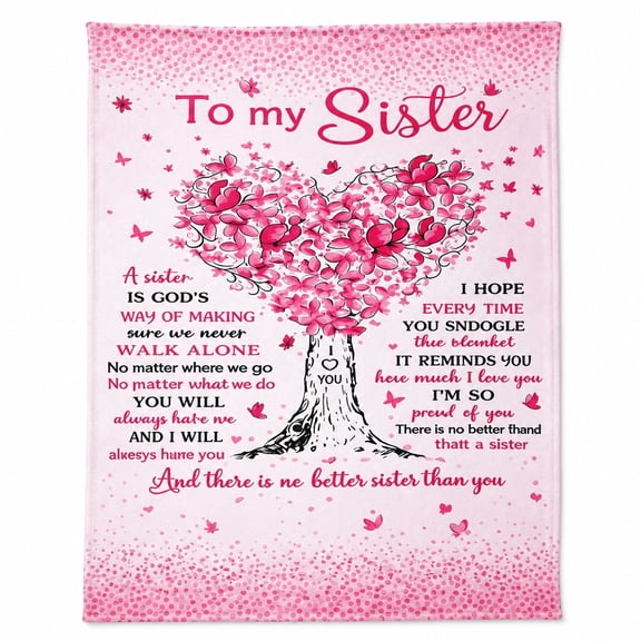 To My Sister Fleece Blanket, Pink Heart Tree Butterfly Throw, Soft 280 GSM Polyester
