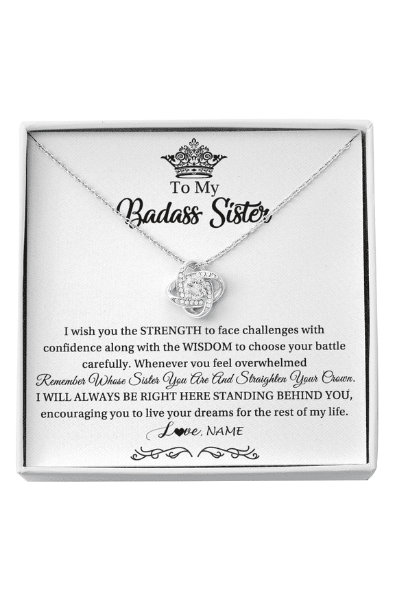 To My Sister Necklace Straighten Your Crown, Gold Love Knot Necklace
